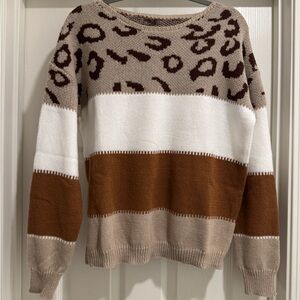 Leopard Print Striped Sweater - Brown and White